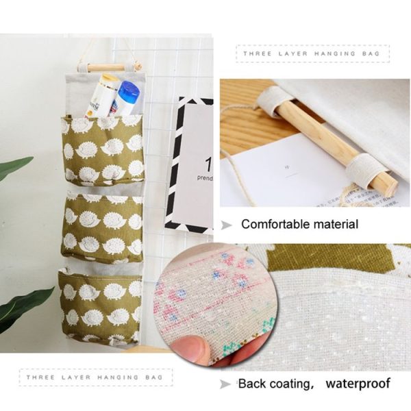 Printing Pattern Cotton Linen Hanging Storage Bag 3 Pockets Wall Mounted Wardrobe Hang Bag Wall Pouch (Tree) - Image 4