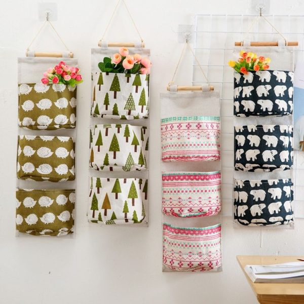 Printing Pattern Cotton Linen Hanging Storage Bag 3 Pockets Wall Mounted Wardrobe Hang Bag Wall Pouch (Tree) - Image 6