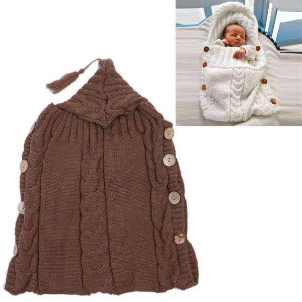 Children Sweater Wooden Button Tassel Hat Baby Hooded Sleeping Bag, Size: One Size (Brown)