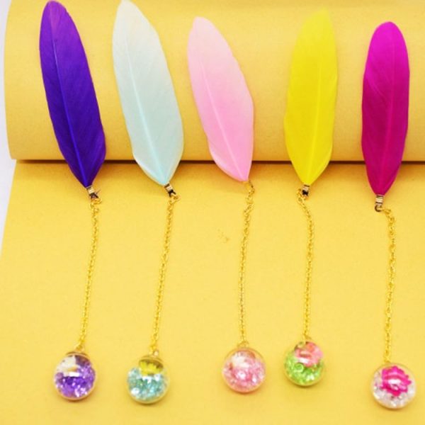 Feather Glass Ball Pendant Bookmark School Stationery Office Supplies (Rose Red) - Image 3