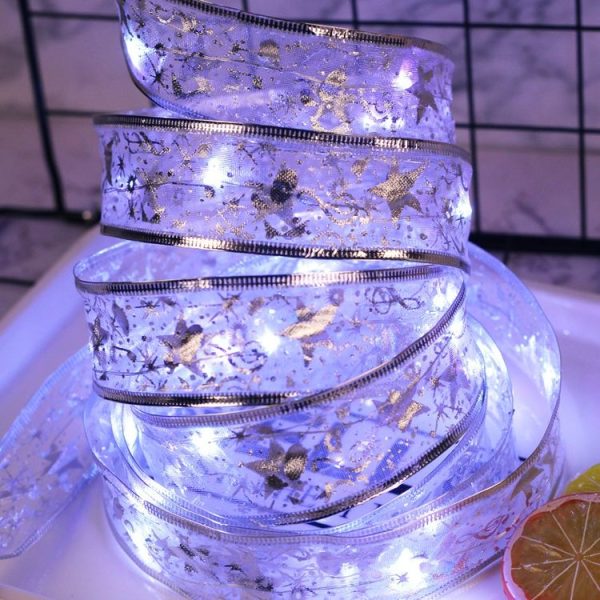 4m 40LEDs Gift Decoration Ribbon Light String LED Copper Wire Ribbon Christmas Tree Top Bowknot Light (White Light)