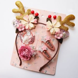 Christmas Hair Accessories Antlers Headband And Little Angel Hairpin Hair Band Combination Set (Pink)