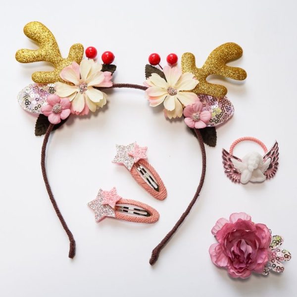 Christmas Hair Accessories Antlers Headband And Little Angel Hairpin Hair Band Combination Set (Pink) - Image 2