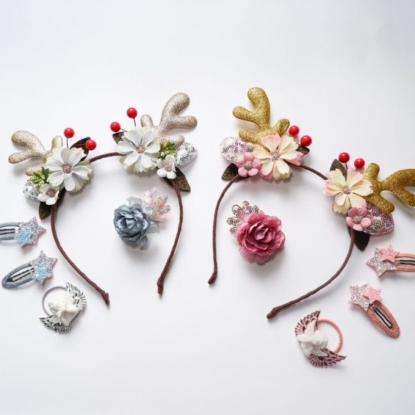 Christmas Hair Accessories Antlers Headband And Little Angel Hairpin Hair Band Combination Set (Pink) - Image 7