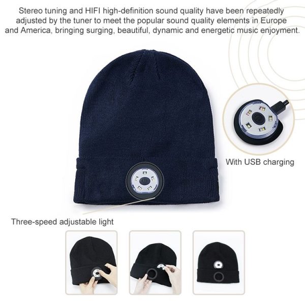 Outdoor Night Running Night Fishing LED Light Illumination Bluetooth 5.0 Knitted Hat (Navy Blue) - Image 4