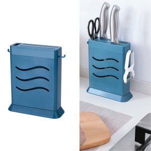Kitchen Multifunctional Three-Hole Invisible Knife Holder Hollow Drain Kitchenware Storage Rack (Dark Blue)