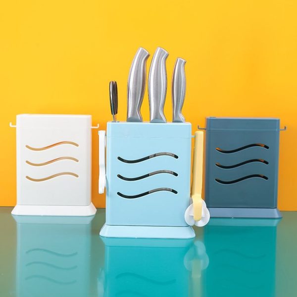 Kitchen Multifunctional Three-Hole Invisible Knife Holder Hollow Drain Kitchenware Storage Rack (Dark Blue) - Image 4
