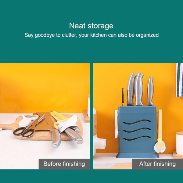 Kitchen Multifunctional Three-Hole Invisible Knife Holder Hollow Drain Kitchenware Storage Rack (Dark Blue) - Image 5