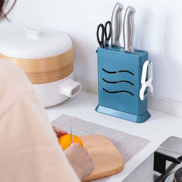 Kitchen Multifunctional Three-Hole Invisible Knife Holder Hollow Drain Kitchenware Storage Rack (Dark Blue) - Image 7