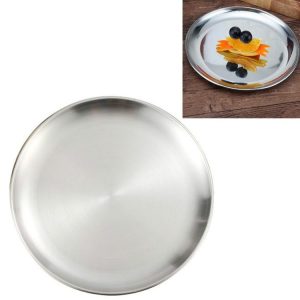 Stainless Steel Thickened Round Plate Cafe Tray Fruit Cake Plate Bone Plate Dish Shallow Plate, Diameter: 14cm, Style: Brushed Matte Silver