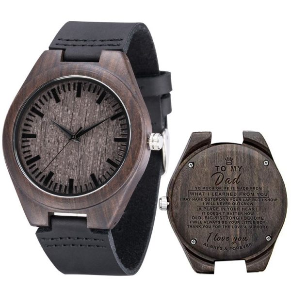 MU-1006 Engraved Letters Wooden Watch Leather Belt Quartz Movement Watch (to Dad)