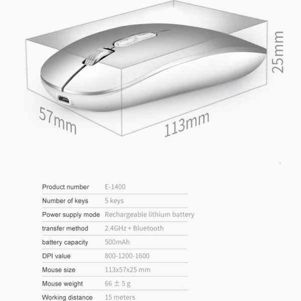IMICE E-1400 5 Keys 1600DPI Office and Home Wireless Silent Mouse, Style: Bluetooth+2.4G Dual-modes (Silver) - Image 10