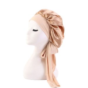 TJM-301-1 Faux Silk Adjustable Stretch Wide-Brimmed Night Hat Satin Ribbon Round Hat Shower Cap Hair Care Hat, Size: Free Size (Khaki)