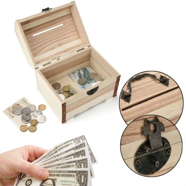 Multi Function Treasure Chest Wooden Safe Piggy Bank - Image 5
