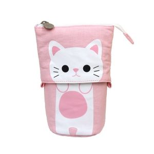 Corduroy Retractable Drop-Down Pencil Case Student Stationery Storage Bag (White Cat)