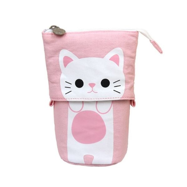 Corduroy Retractable Drop-Down Pencil Case Student Stationery Storage Bag (White Cat)