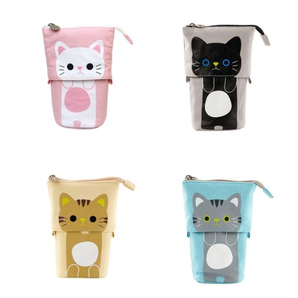 Corduroy Retractable Drop-Down Pencil Case Student Stationery Storage Bag (White Cat) - Image 2