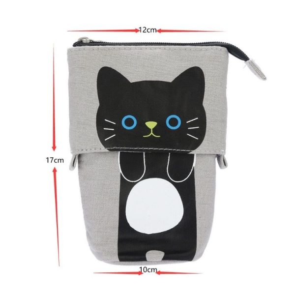 Corduroy Retractable Drop-Down Pencil Case Student Stationery Storage Bag (White Cat) - Image 3