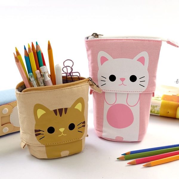 Corduroy Retractable Drop-Down Pencil Case Student Stationery Storage Bag (White Cat) - Image 5