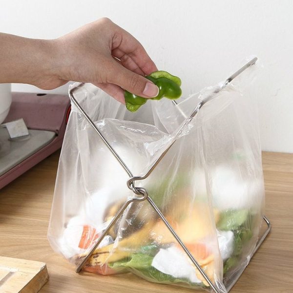 Stainless Steel Kitchen Foldable Storage Rack Plastic Bag Towel Trash Can Holder - Image 4