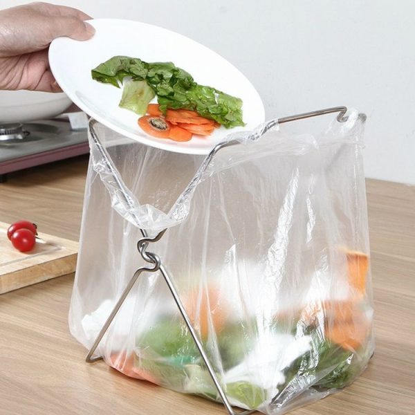 Stainless Steel Kitchen Foldable Storage Rack Plastic Bag Towel Trash Can Holder - Image 5