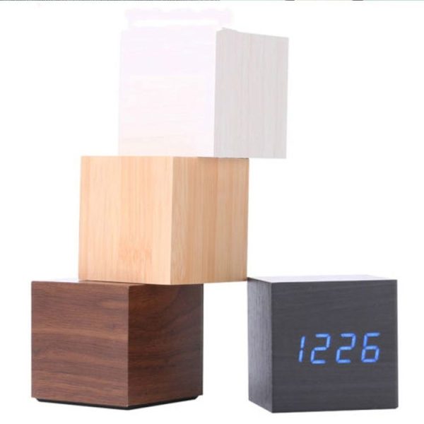 Multicolor Sounds Control Wooden Clock Modern Digital LED Desk Alarm Clock Thermometer Timer Black White - Image 10