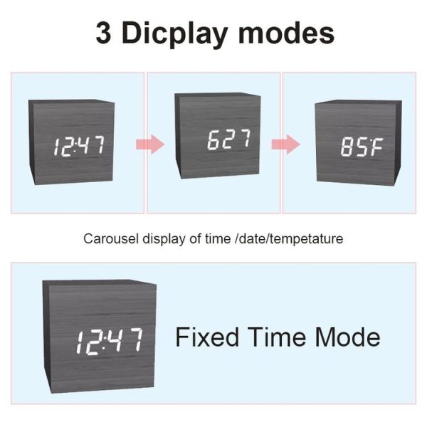 Multicolor Sounds Control Wooden Clock Modern Digital LED Desk Alarm Clock Thermometer Timer Black White - Image 4
