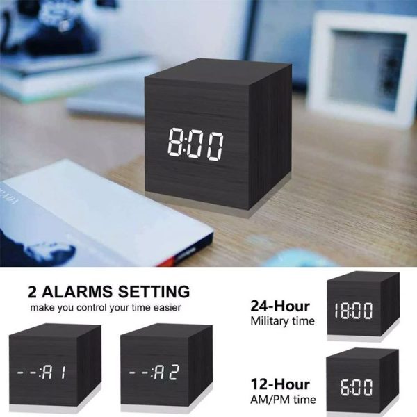 Multicolor Sounds Control Wooden Clock Modern Digital LED Desk Alarm Clock Thermometer Timer Black White - Image 5