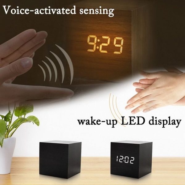 Multicolor Sounds Control Wooden Clock Modern Digital LED Desk Alarm Clock Thermometer Timer White Wood - Image 6