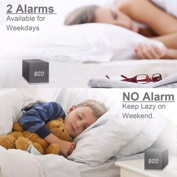 Multicolor Sounds Control Wooden Clock Modern Digital LED Desk Alarm Clock Thermometer Timer White Wood - Image 8