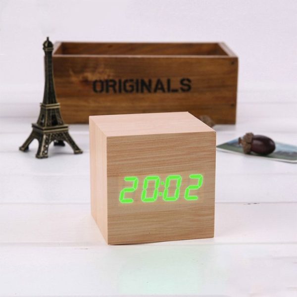 Multicolor Sounds Control Wooden Clock Modern Digital LED Desk Alarm Clock Thermometer Timer Wooden Green - Image 2