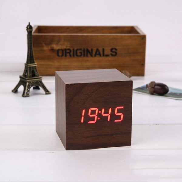 Multicolor Sounds Control Wooden Clock Modern Digital LED Desk Alarm Clock Thermometer Timer Red Wood - Image 2