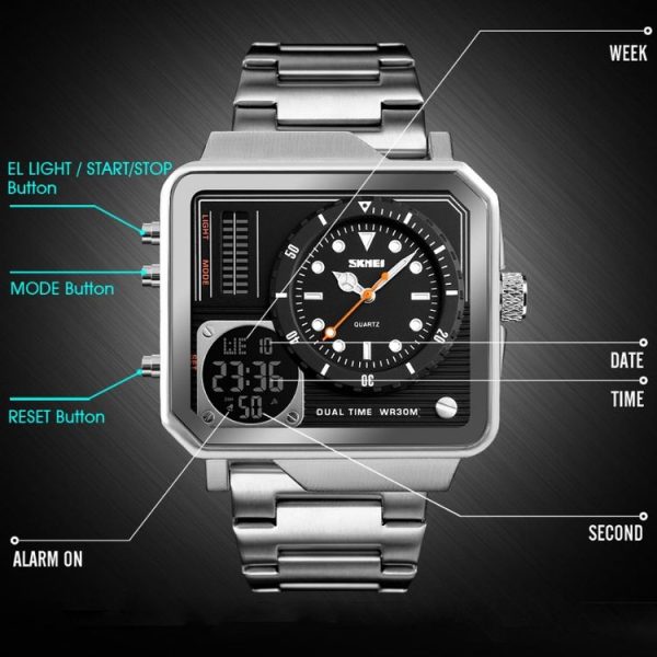 SKMEI 1392 Multi-Function Outdoor Sports Watch Business Double Display Waterproof Electronic Watch (Silver) - Image 5