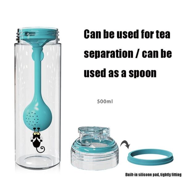 Cartoon Cat Pattern Tea Water Separation Plastic Cup With Spoon (Black) - Image 7
