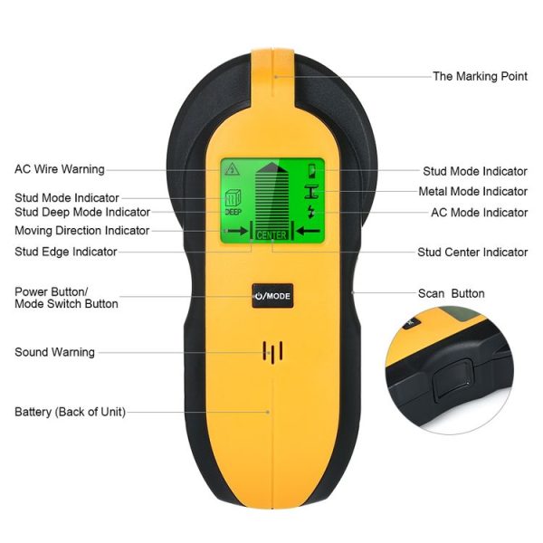 TH250 4 In 1 AC Wire Metal Studs Deep Wall Detector Handheld Metal Detector Stud Wood Beam Column Current Detector (Yellow) - Image 4