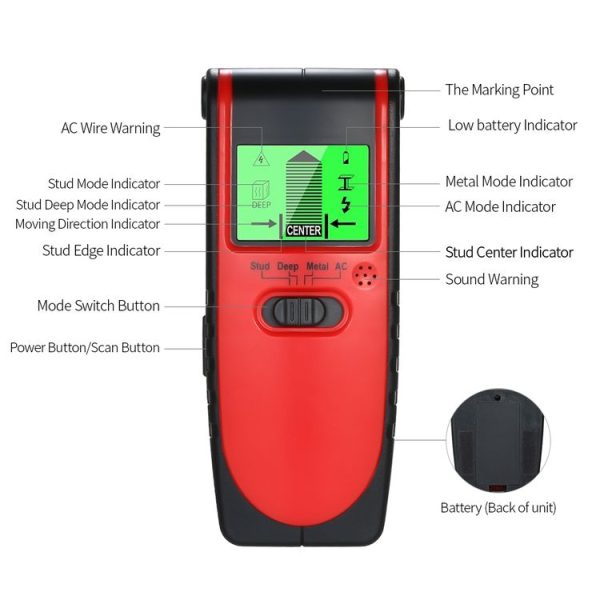 TH240 3 in 1 Underground Metal Detector Wire Wall Stud Center Finder Wood Detector Scanner (Red) - Image 8