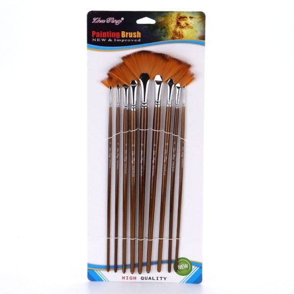 ZHU TING 9 PCS / Set Wooden Pole Fan-Shaped Nylon Hair Paintbrush Gouache Watercolor Acrylic Oil Painting Fishtail - Image 2