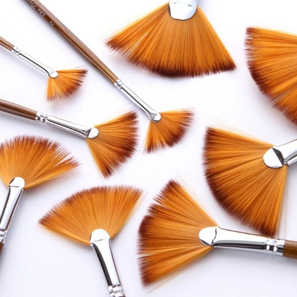 ZHU TING 9 PCS / Set Wooden Pole Fan-Shaped Nylon Hair Paintbrush Gouache Watercolor Acrylic Oil Painting Fishtail - Image 4