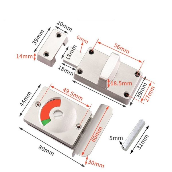 Toilet Red & Green Display Door Lock Public Toilet Stainless Steel Bolt Lock Indicating lock With Handle - Image 3