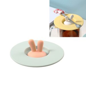 Food Grade Bunny Ears Shape Silicone Cup Lid Sealing Lid Cartoon Mug Dustproof Leak-Proof Lid (Green)