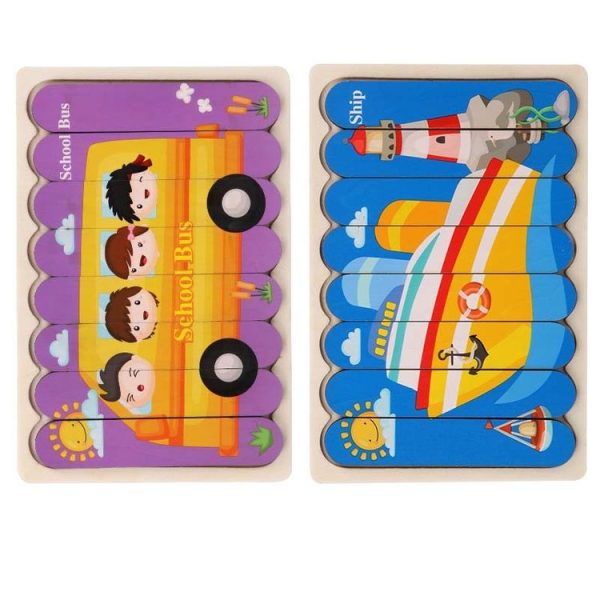 QBT01 Children Double-Sided Wooden Puzzle Bar Puzzle Toy (School Bus + Ship)