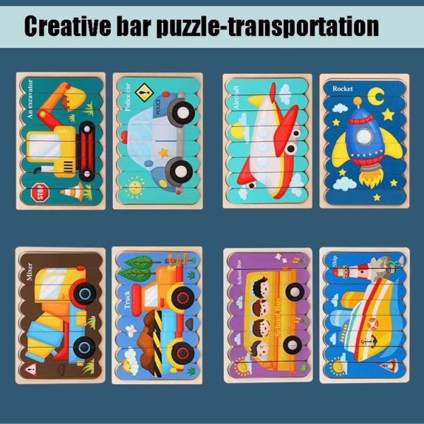 QBT01 Children Double-Sided Wooden Puzzle Bar Puzzle Toy (School Bus + Ship) - Image 2