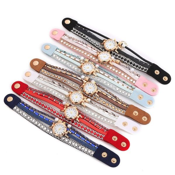 2 PCS Ladies Diamond-Studded Leather Belt Bracelet Watch With Love-Heart Shape Pendant (Brown) - Image 2