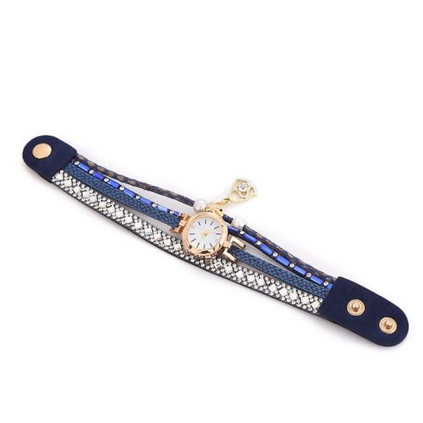 2 PCS Ladies Diamond-Studded Leather Belt Bracelet Watch With Love-Heart Shape Pendant (Brown) - Image 3