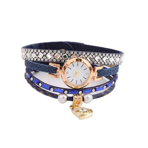 2 PCS Ladies Diamond-Studded Leather Belt Bracelet Watch With Love-Heart Shape Pendant (Brown) - Image 4