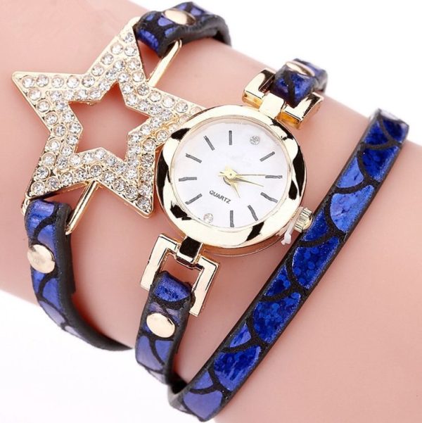 3 PCS Ladies Five-pointed Star Bright Leather Belt Quartz Watch Bracelet Watch (Blue)