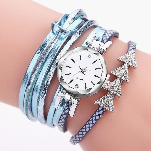 2 PCS Ladies Triangle Christmas Tree Shape PU Belt Quartz Watch Bracelet Watch (Blue)