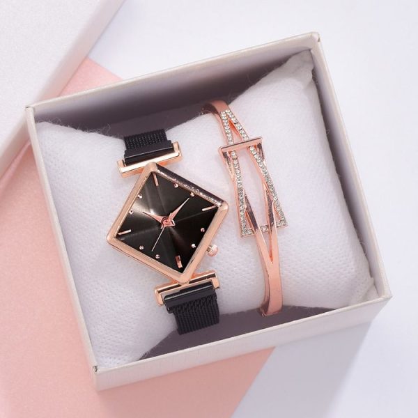 2 PCS Ladies Diamond Dial Quartz Watch, Colour: Black + Bracelet - Image 3