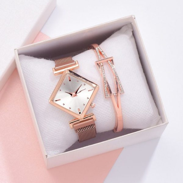 2 PCS Ladies Diamond Dial Quartz Watch, Colour: Rose Gold White + Bracelet - Image 3