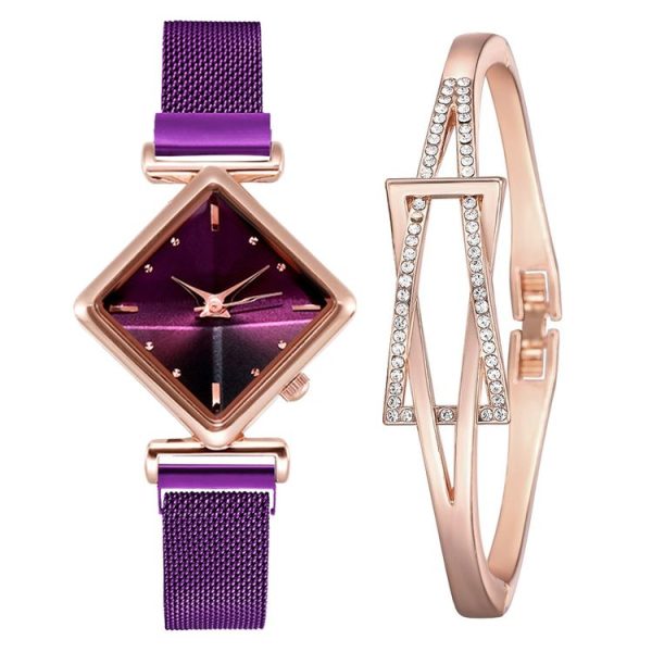 2 SET Ladies Diamond Dial Quartz Watch, Colour: Purple + Bracelet